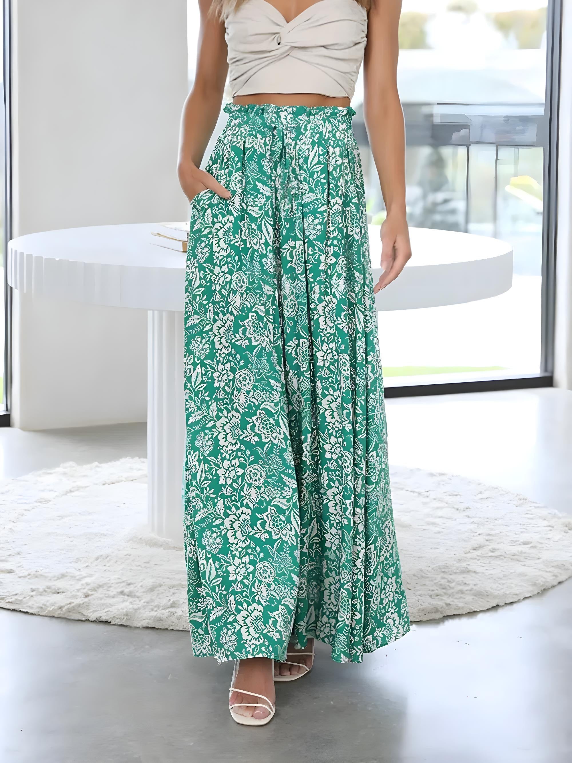 Šňůrkový pasový pasový pas vytištěné široké nohy kalhoty