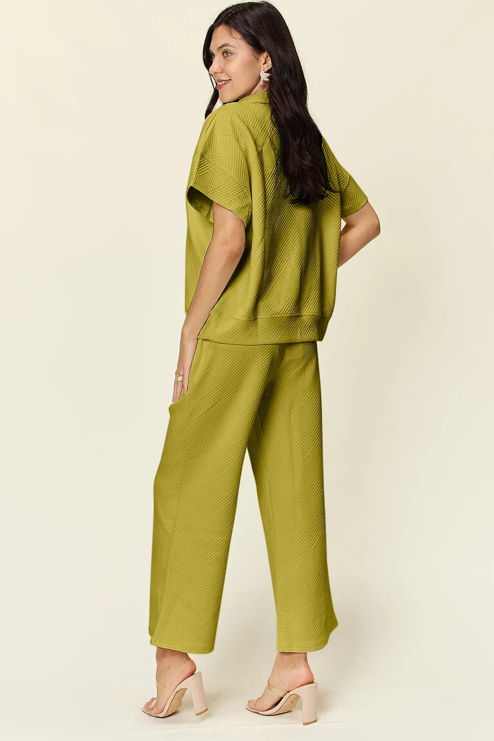 Double Take Full Size Texture Half Zip Short Sleeve Top and Pants Set - Modanista Fashion