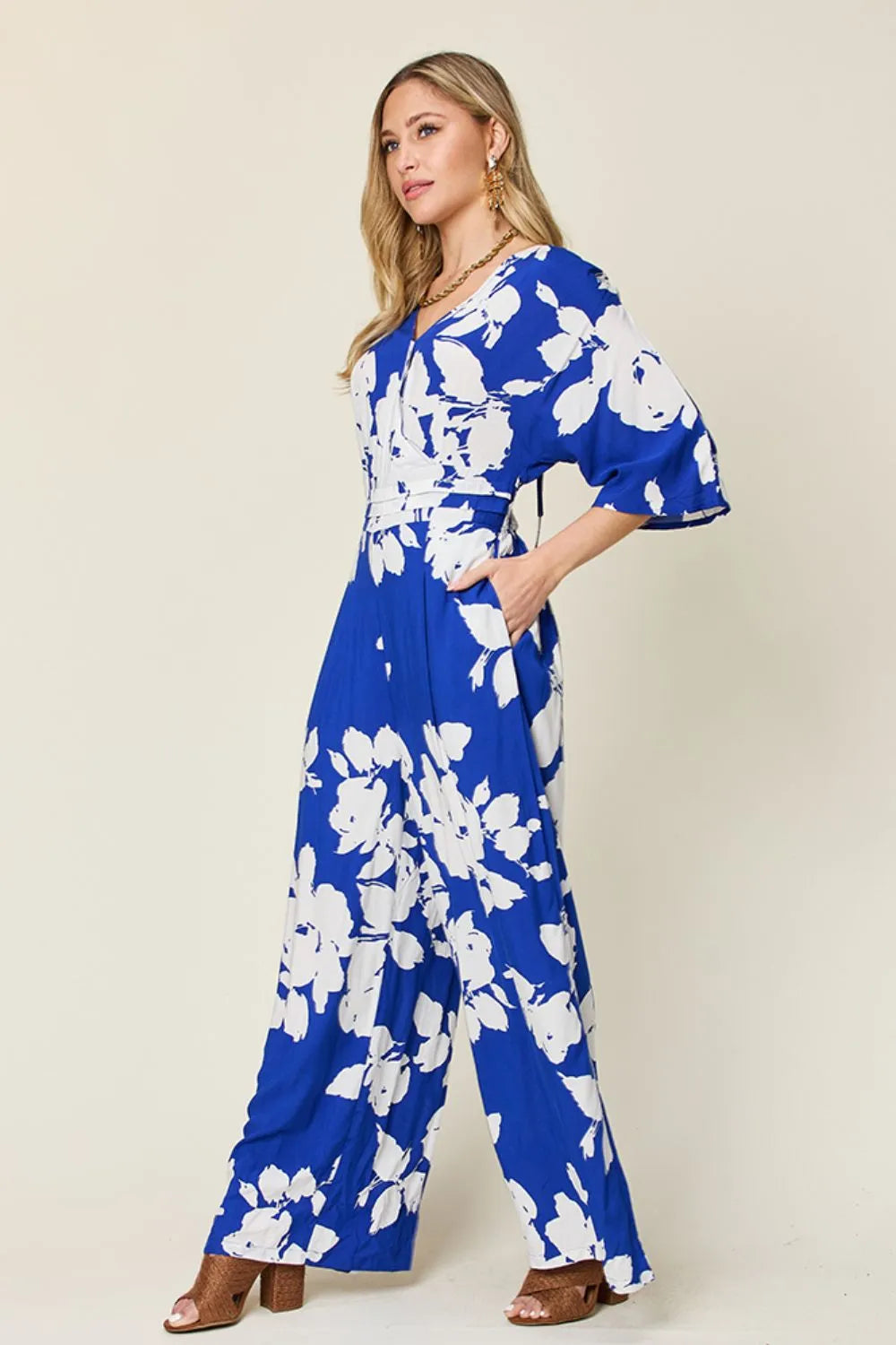 Double Take Full Size Printed Tie Back Wide Leg Jumpsuit - Modanista Fashion
