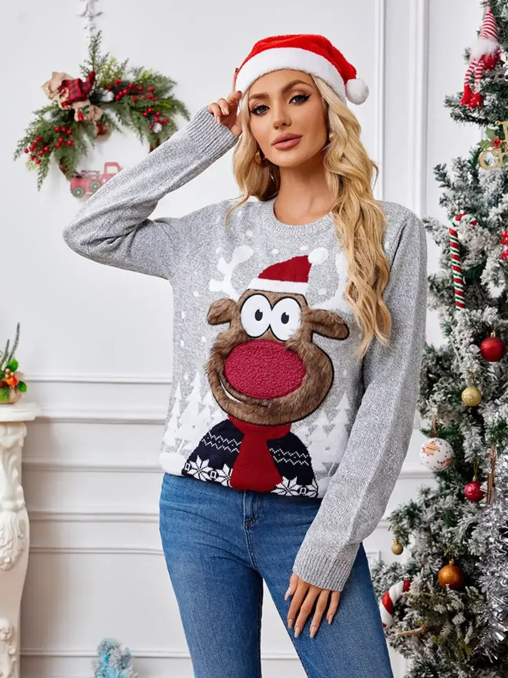 Reindeer Round Neck Long Sleeve Sweater - Modanista Fashion