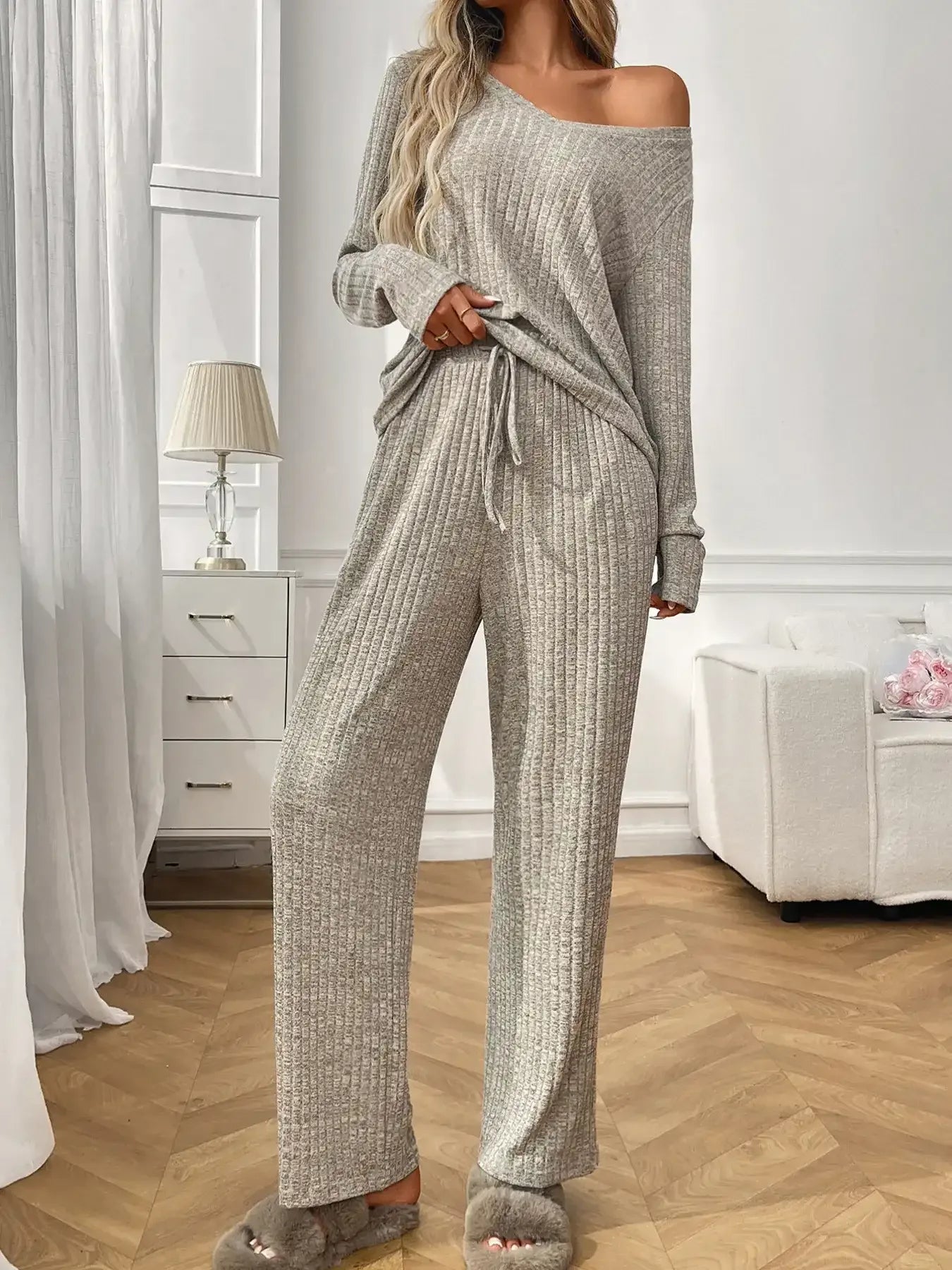 Ribbed Long Sleeve Top and Pants Lounge Set - Modanista Fashion