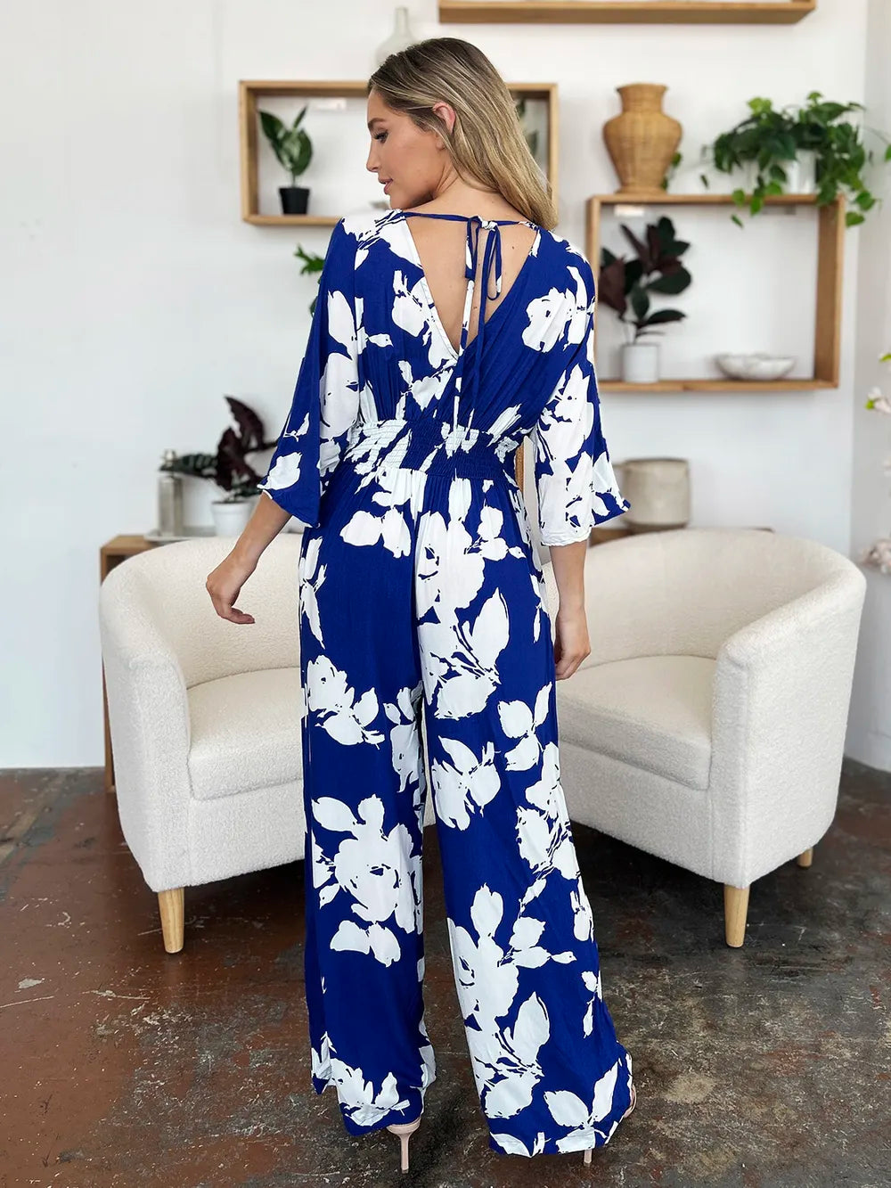 Double Take Full Size Printed Tie Back Wide Leg Jumpsuit - Modanista Fashion