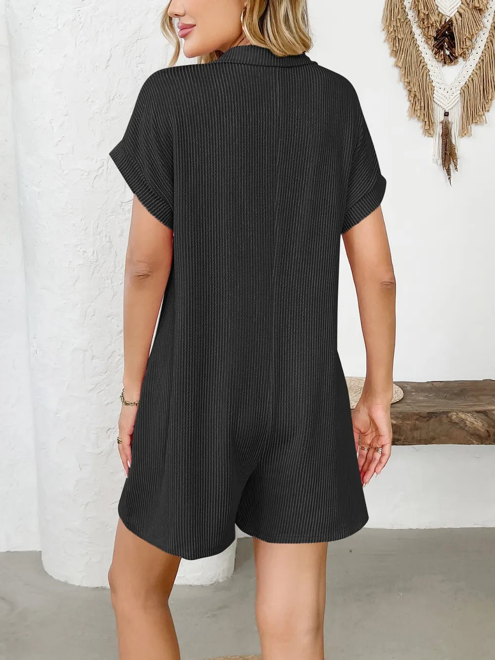 Button Detail Collared Neck Short Sleeve Romper - Modanista Fashion