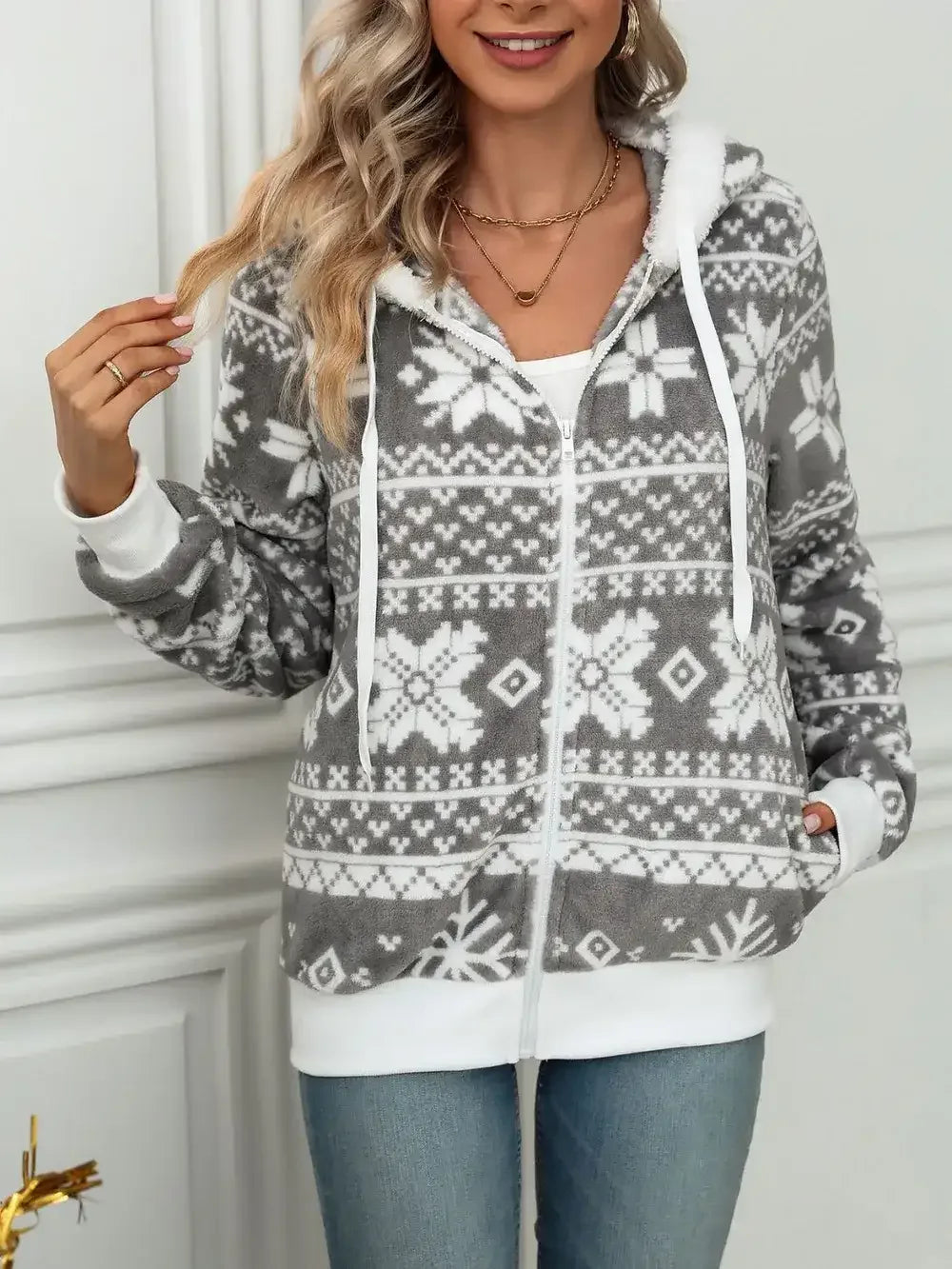 Drawstring Snowflake Zip Up Hooded Outerwear - Modanista Fashion