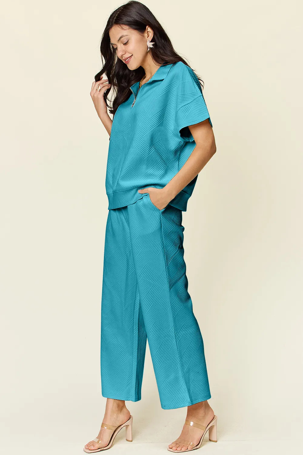 Double Take Full Size Texture Half Zip Short Sleeve Top and Pants Set - Modanista Fashion