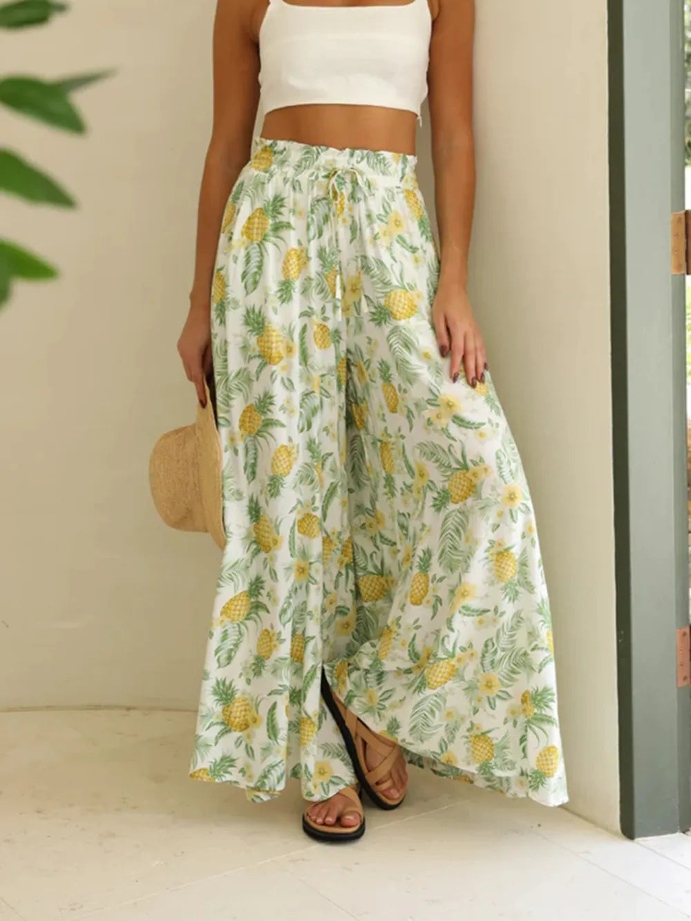 Drawstring Paperbag Waist Printed Wide Leg Pants - Modanista Fashion