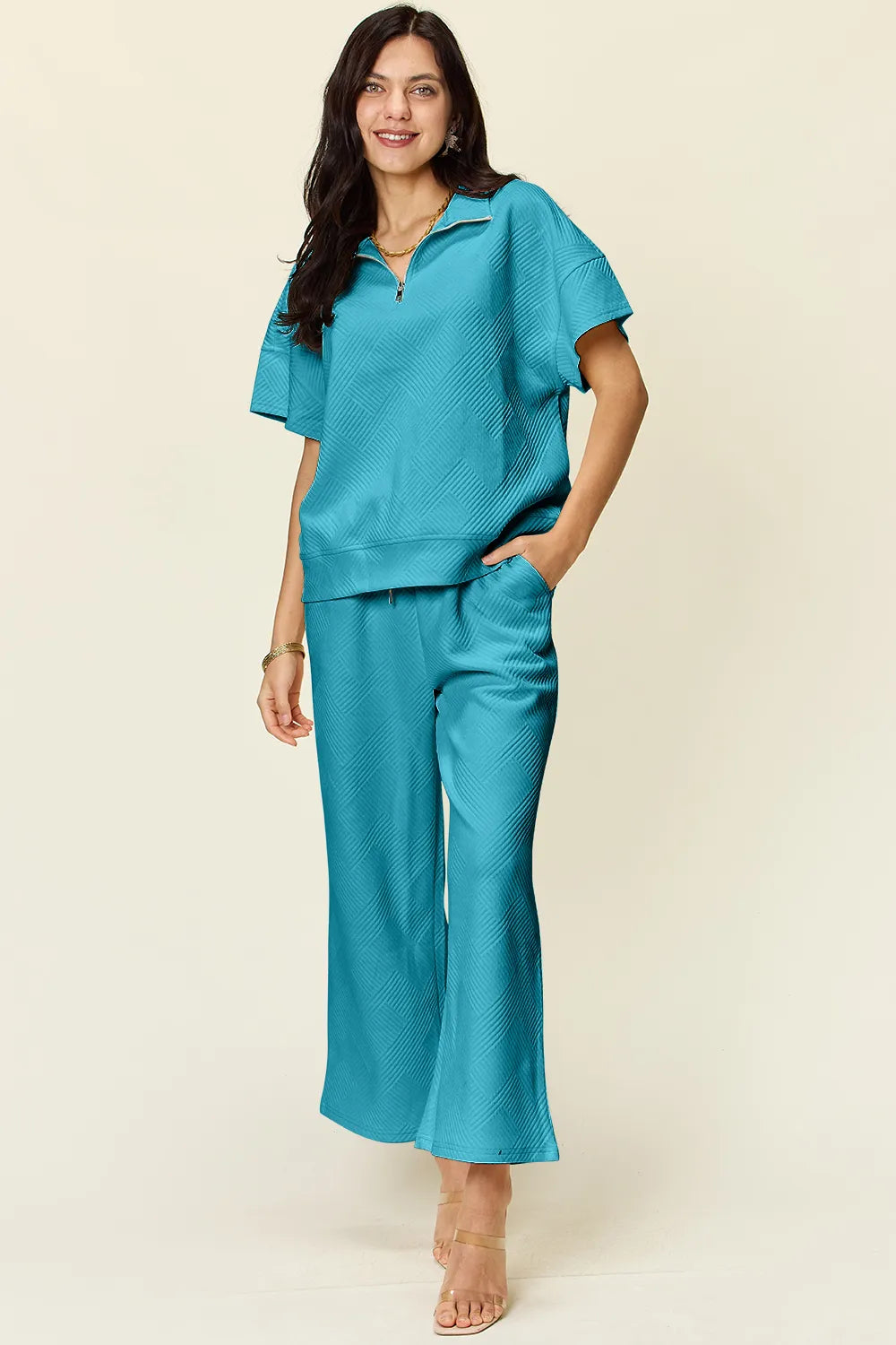 Double Take Full Size Texture Half Zip Short Sleeve Top and Pants Set - Modanista Fashion