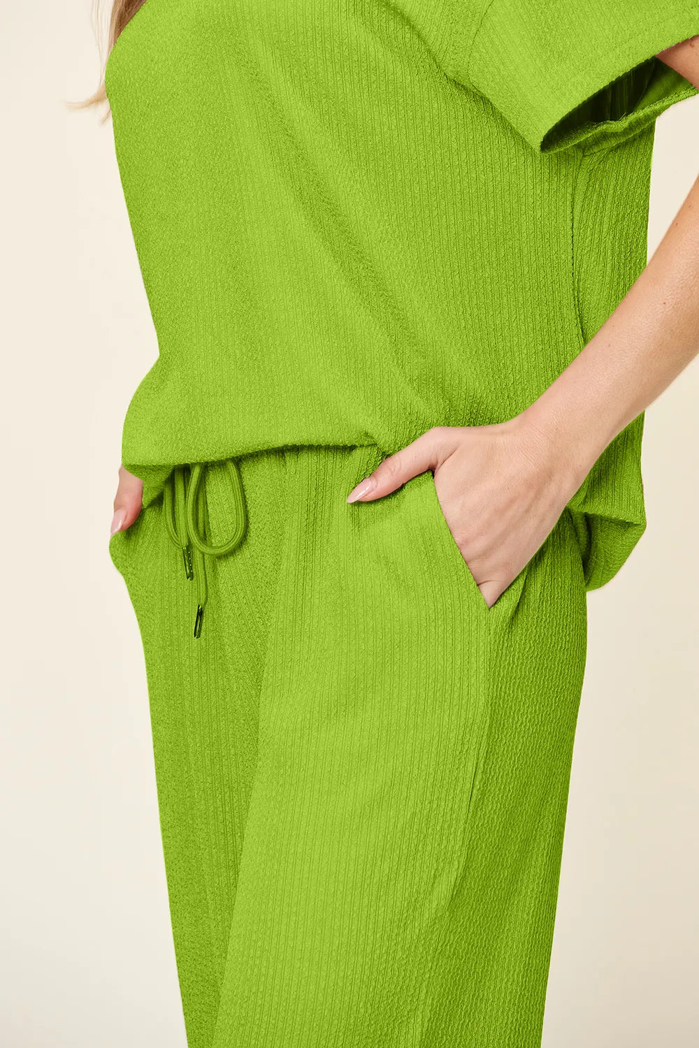 Double Take Full Size Texture Round Neck Short Sleeve T-Shirt and Wide Leg Pants - Modanista Fashion