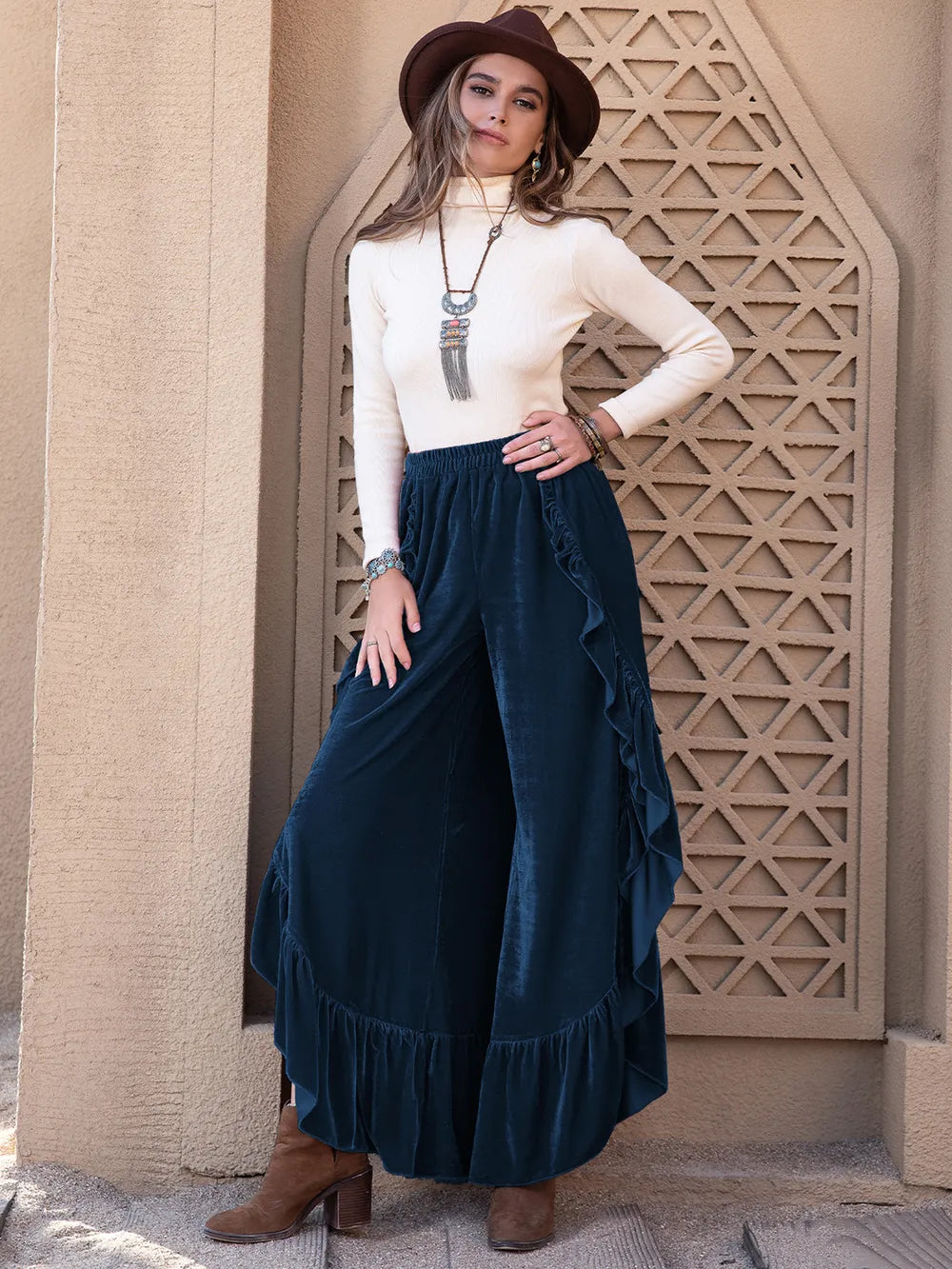 Slit Ruffled Wide Leg Pants - Modanista Fashion