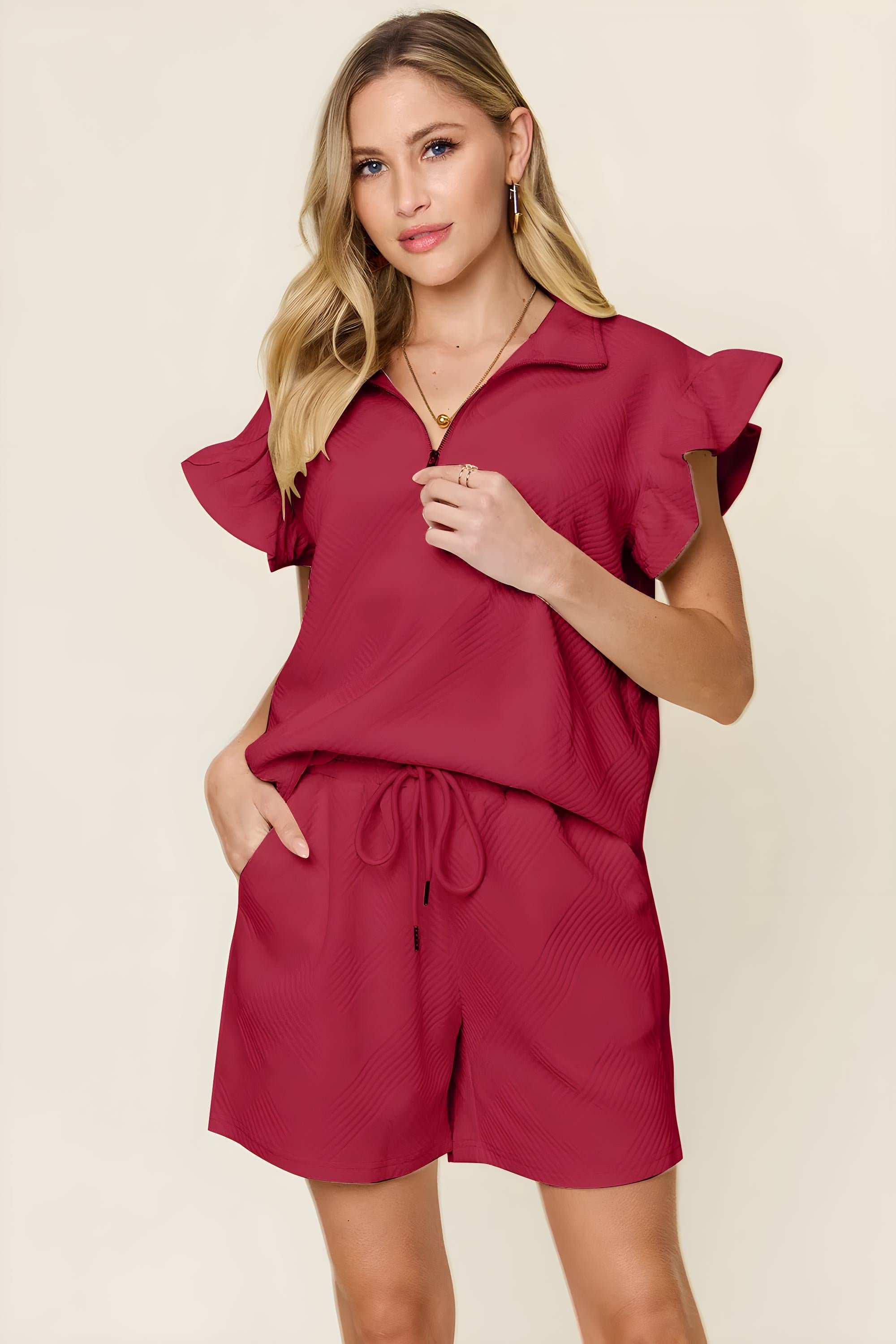 Full-Size Textured Flounce Sleeve Top & Drawstring Shorts Set