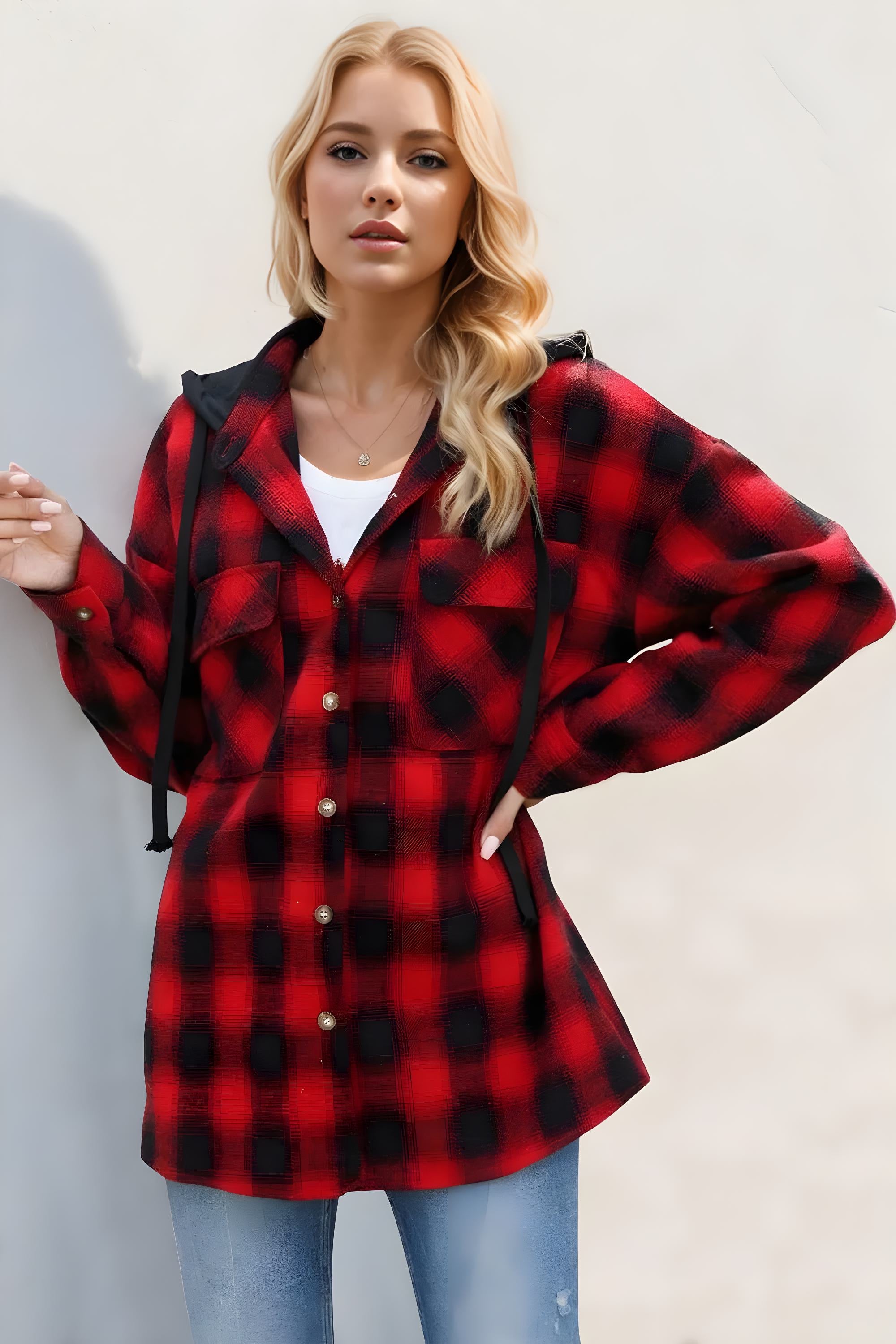 Double Take Drawstring Plaid Long Sleeve Hooded Shacket - Modanista Fashion