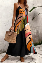 Tropisk bladprint V-hals maxi cami kjole