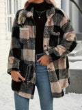 Button Down Collared Neck Plaid Teddy Coat with Pockets - Modanista Fashion