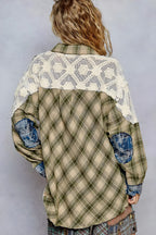 POL Lace Patchwork Plaid Oversized Shirt for Women