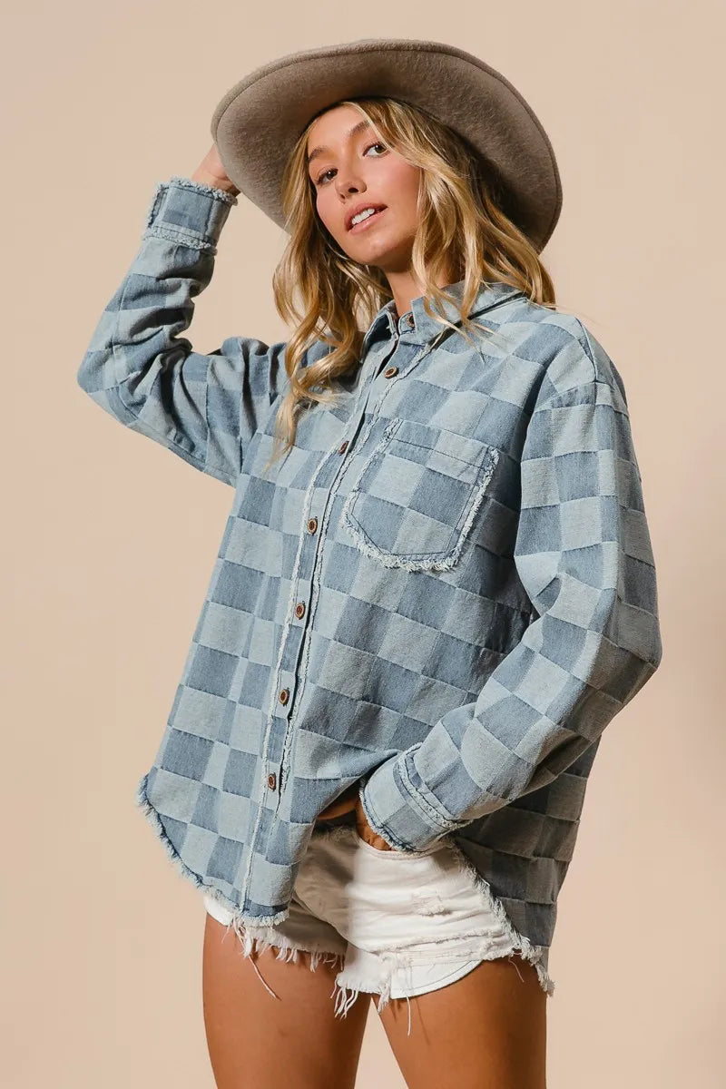 BiBi Frayed Edged Detail Washed Checker Denim Shirt - Modanista Fashion