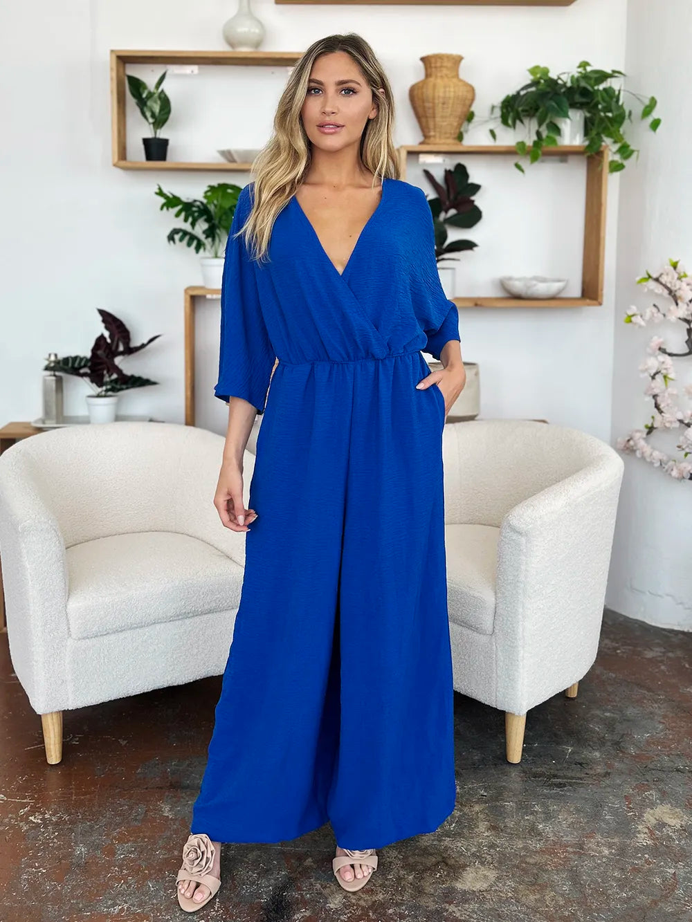 Double Take Full Size Surplice Wide Leg Jumpsuit with Pockets - Modanista Fashion