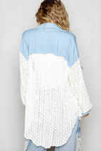 POL High-Low Denim Patchwork Lace Shirt for Women