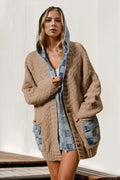Double Take Full Size Hooded Denim Spliced Sweater Cardigan - Modanista Fashion
