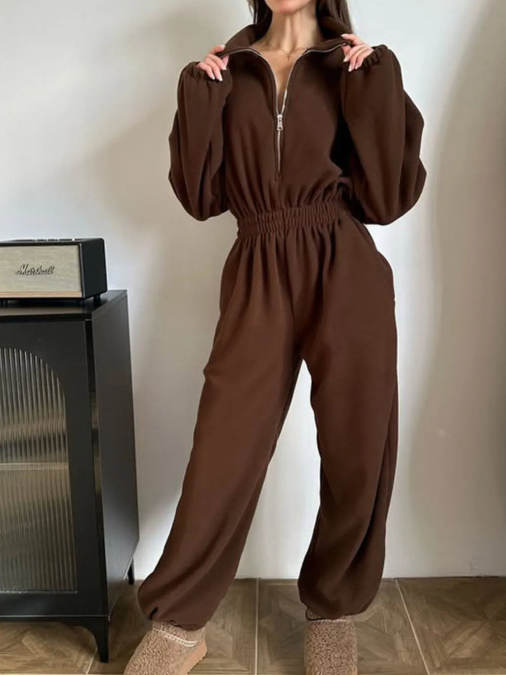 Zip Front Long Sleeve Jumpsuit - Modanista Fashion