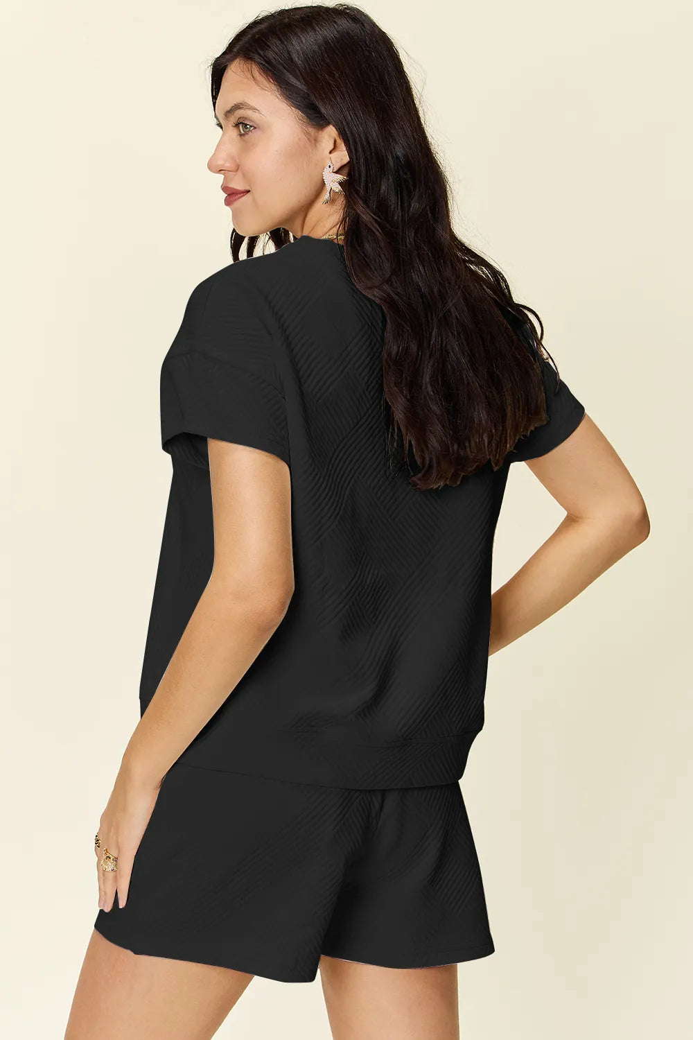 Double Take Full Size Texture Short Sleeve T-Shirt and Drawstring Shorts Set - Modanista Fashion