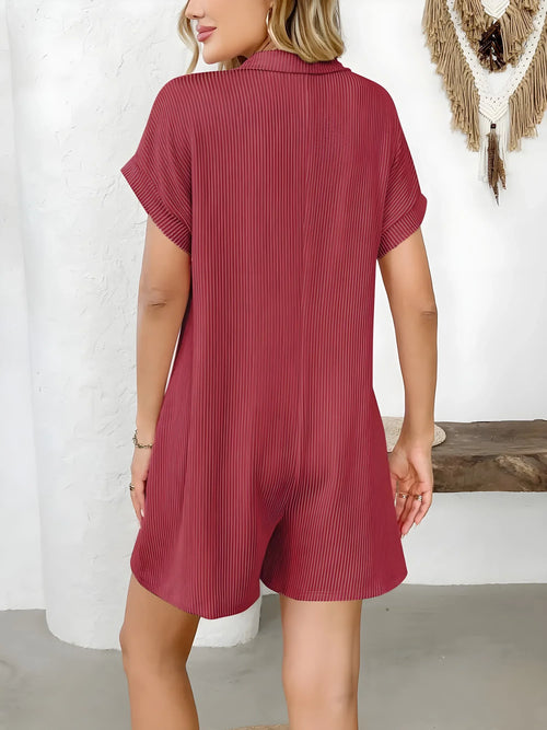 Button Detail Collared Neck Short Sleeve Romper - Modanista Fashion