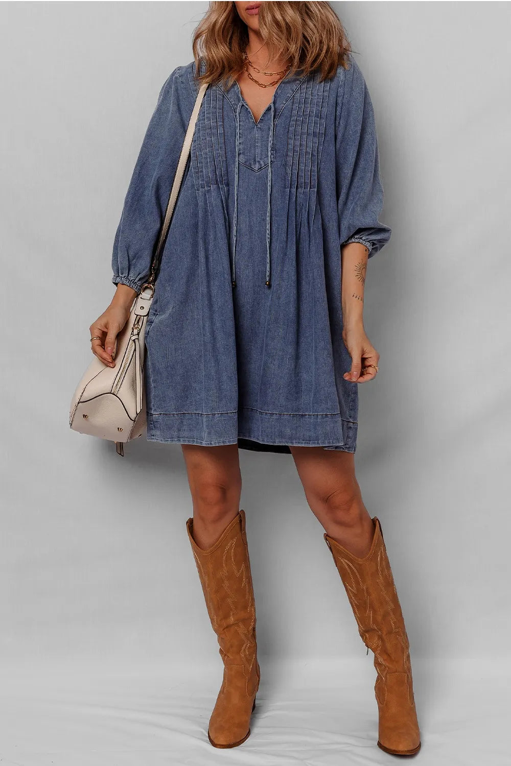 Tie Neck Long Sleeve Mini Denim Dress - Modanista Fashion