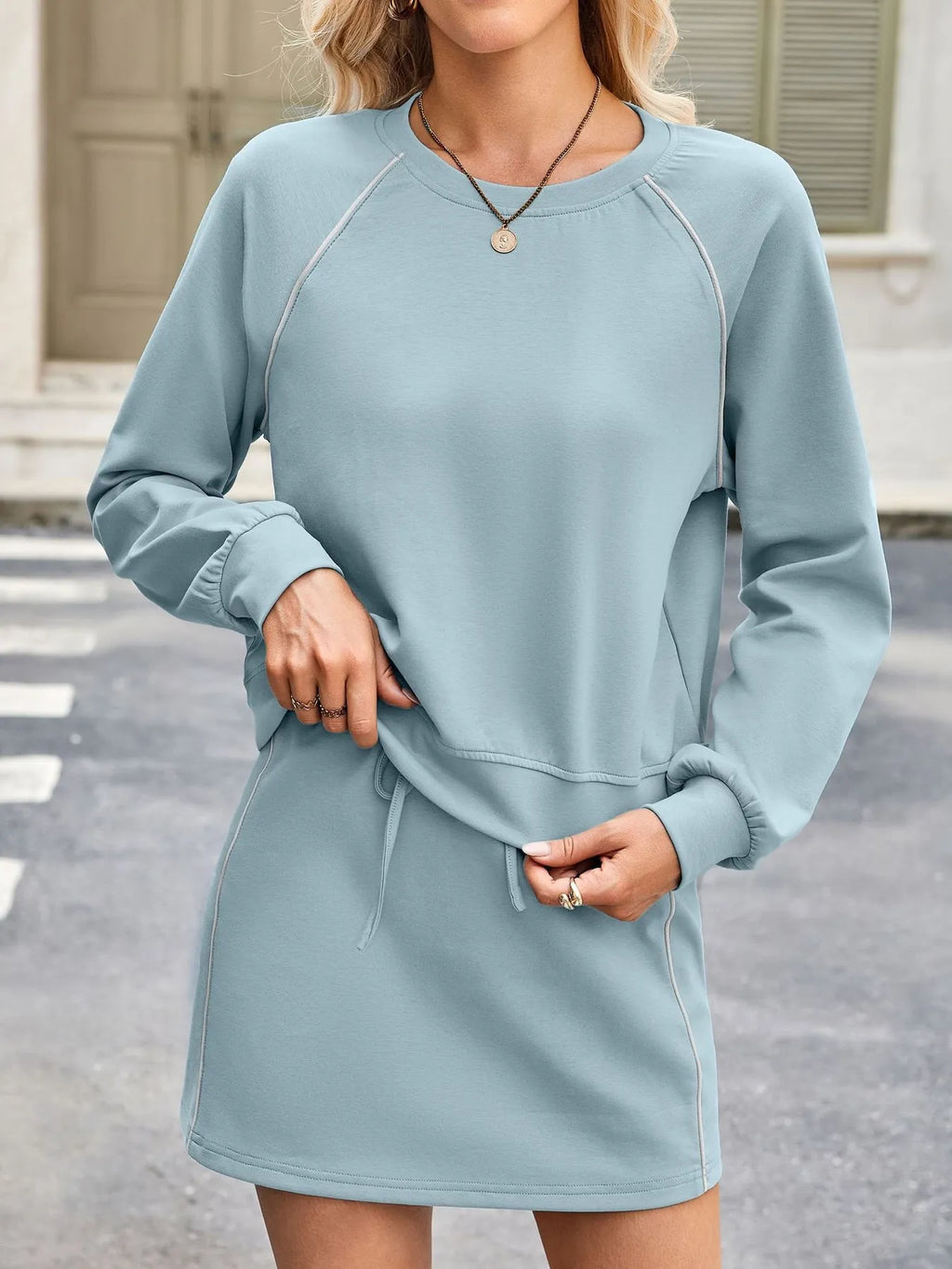Round Neck Raglan Sleeve Top and Skort Set - Modanista Fashion