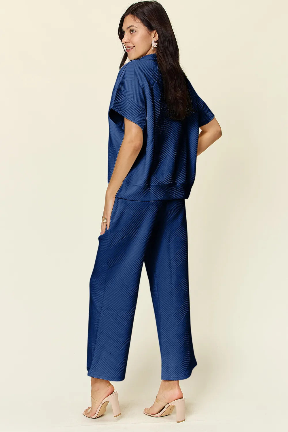 Double Take Full Size Texture Half Zip Short Sleeve Top and Pants Set - Modanista Fashion