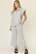 Double Take Texture Ruffle Short Sleeve Top and Drawstring Wide Leg Pants Set - Modanista Fashion