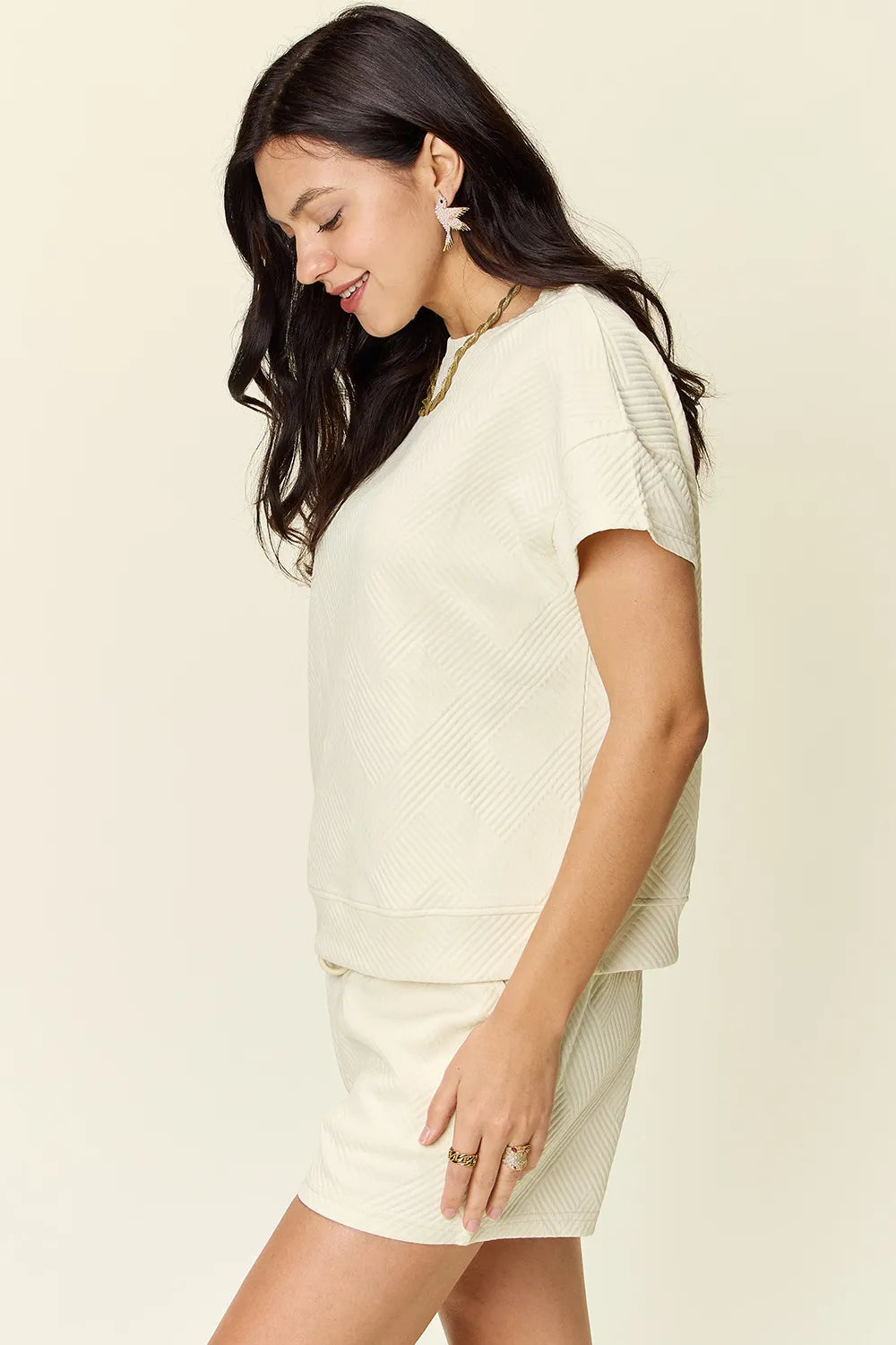 Double Take Full Size Texture Short Sleeve T-Shirt and Drawstring Shorts Set - Modanista Fashion