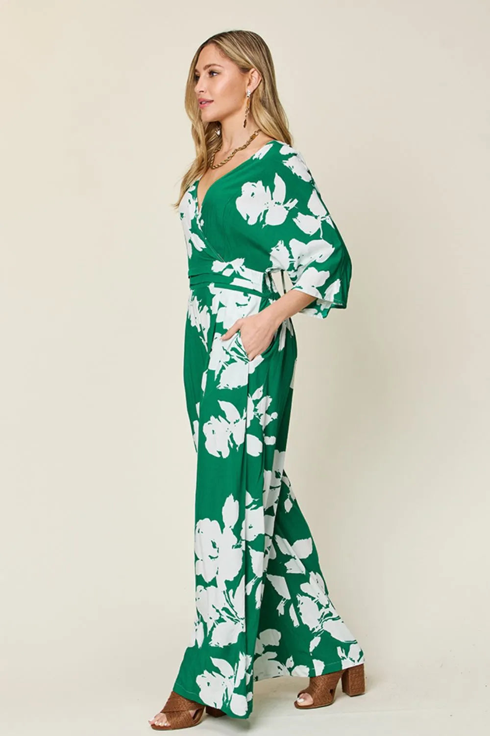 Double Take Full Size Printed Tie Back Wide Leg Jumpsuit - Modanista Fashion