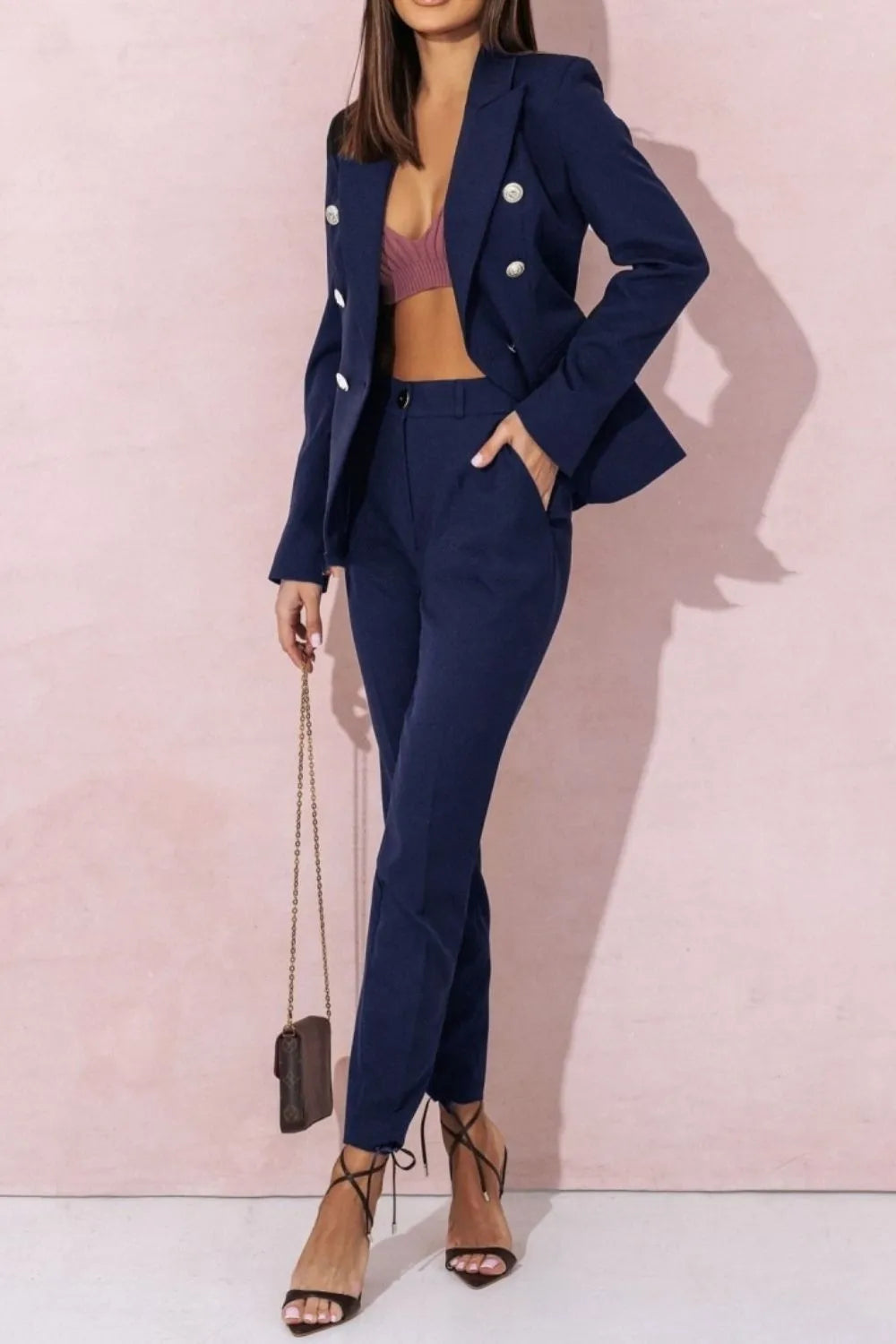 Full Size Lapel Collar Long Sleeve Blazer and Pants Set Plus Size - Modanista Fashion