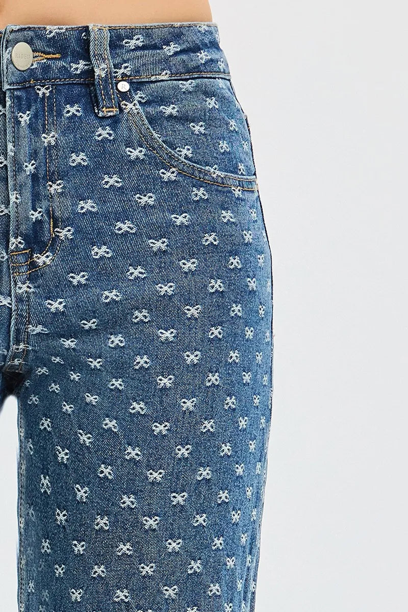 RISEN High Rise Wide Leg Bow Embroidered Jeans - Modanista Fashion