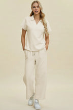 Double Take Full Size Collared Neck Short Sleeve Top and Pants Set - Modanista Fashion