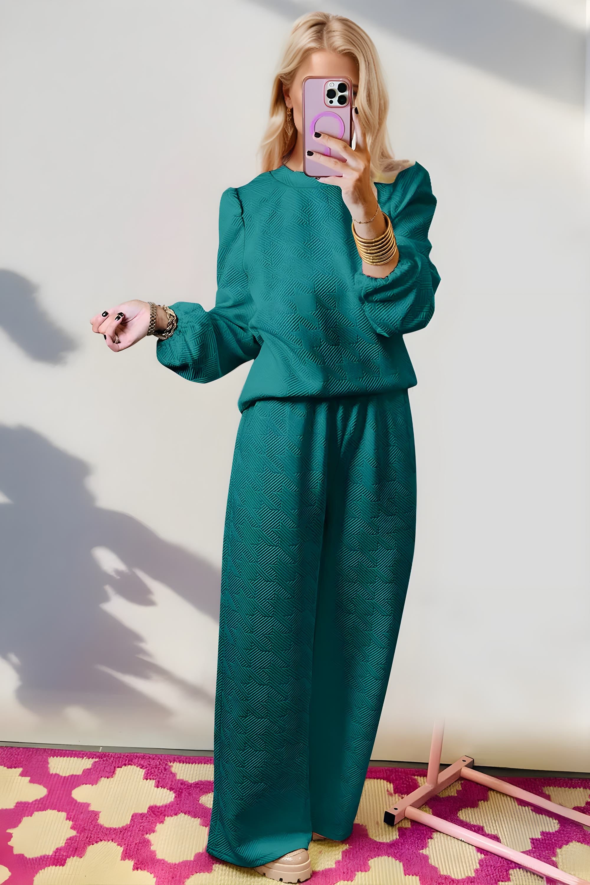 Textured Long Sleeve Top & Wide Leg Pants Set for Women