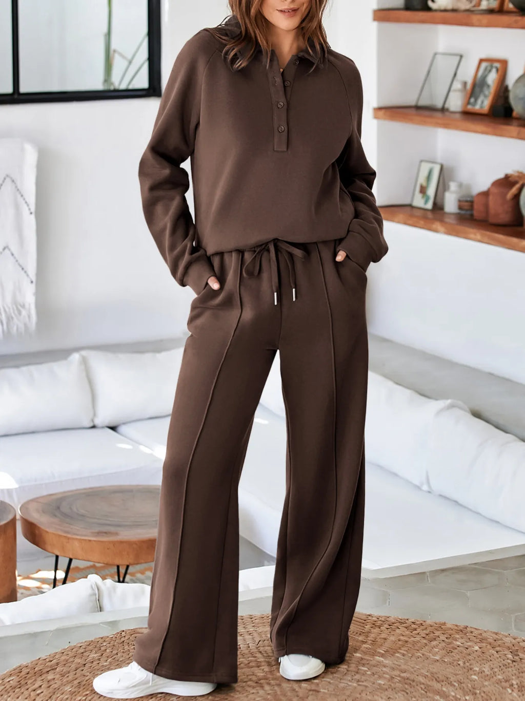 Collared Sweatshirt and High Waist Pants Active Set - Modanista Fashion
