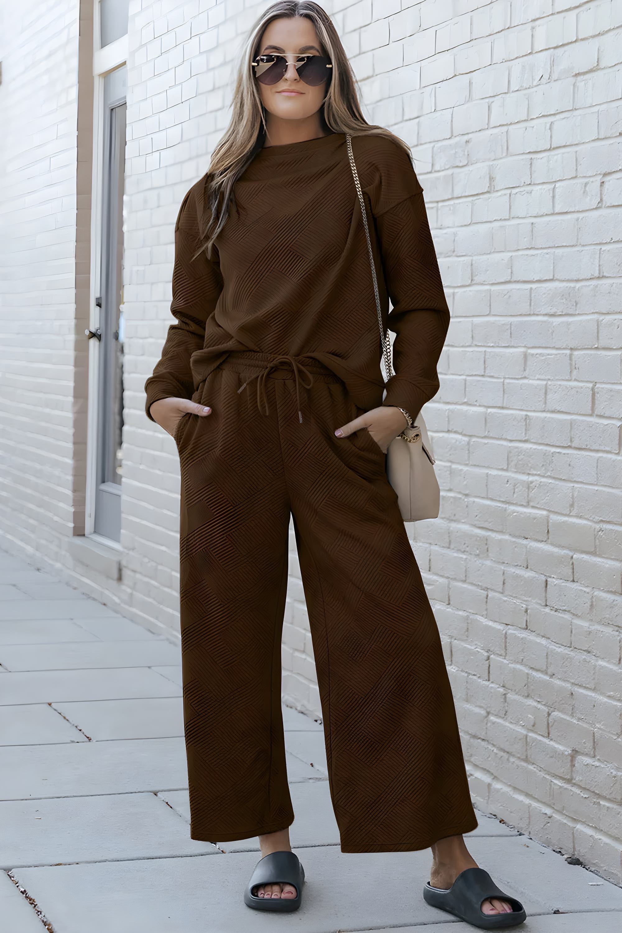 Dobbelt ta full størrelse teksturert langermet topp og snor bukser sett