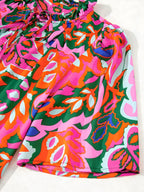 Tropical Print Short Sleeve Tie-Neck Blouse for Women