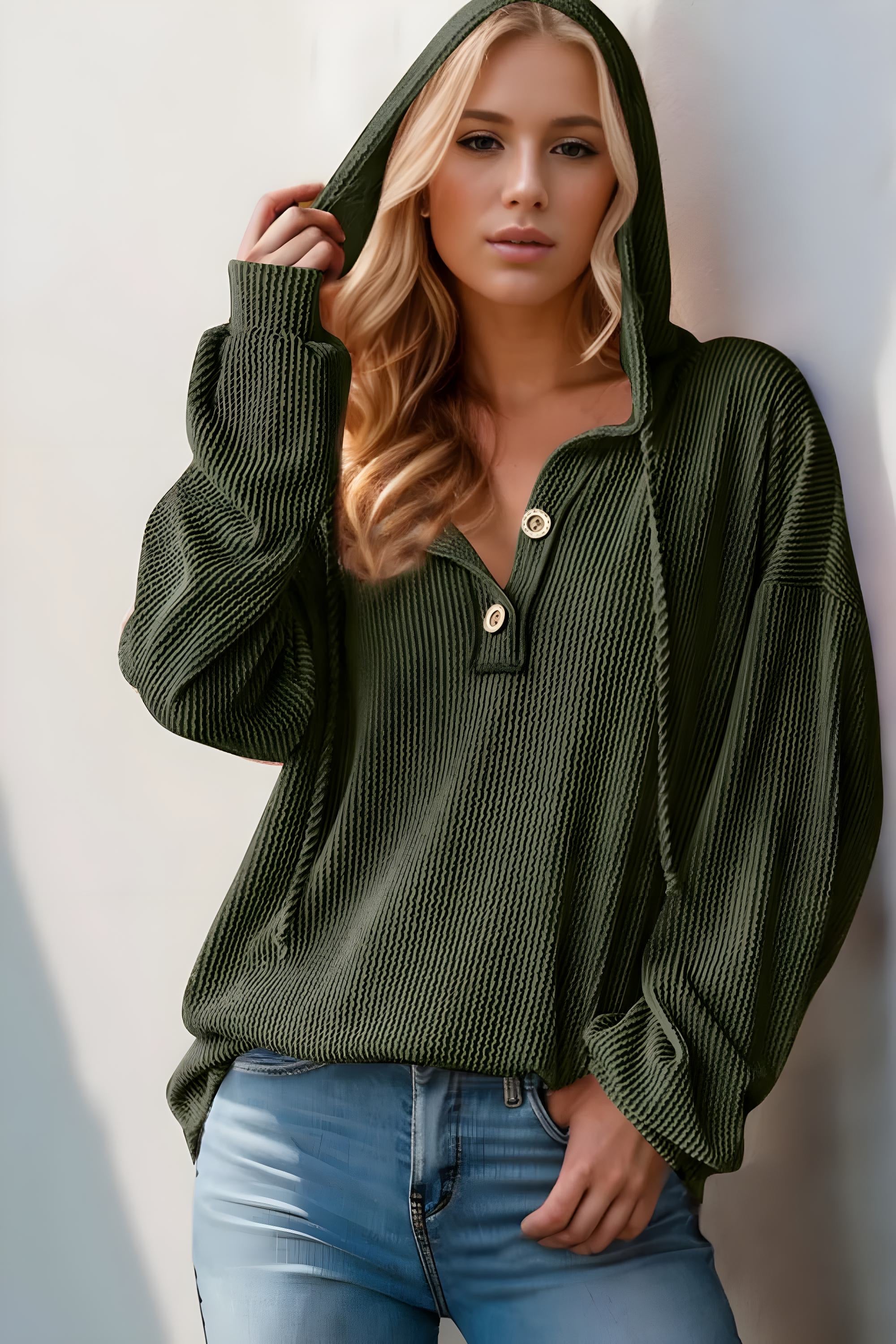 Double Take Full Size Half Button Long Sleeve Hoodie