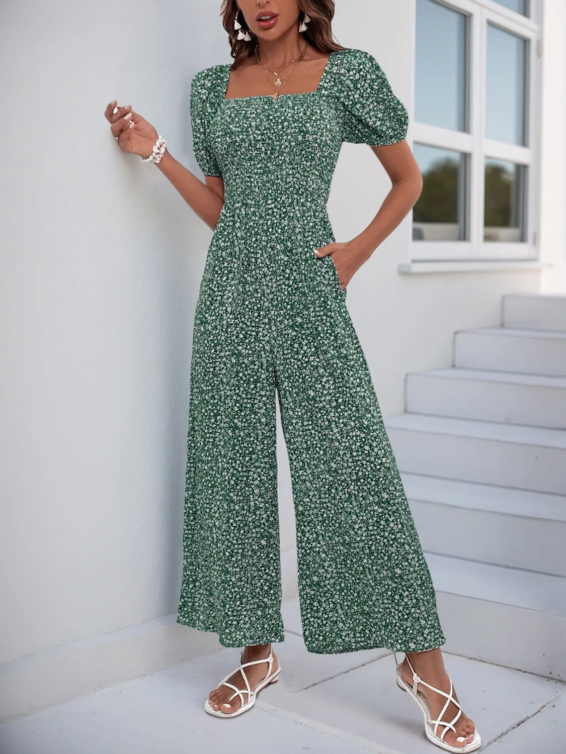 Printed Square Neck Puff Sleeve Jumpsuit - Modanista Fashion