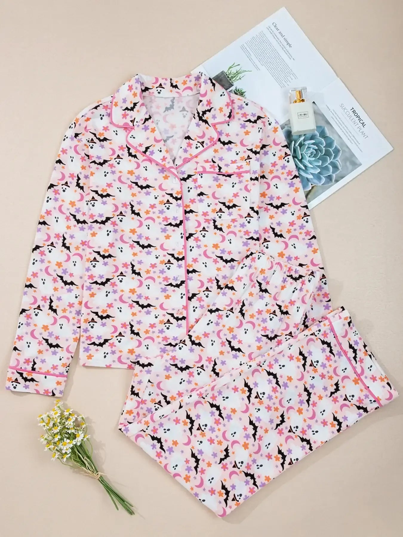 Halloween Ghost Print Button Up Top and Pants Lounge Set - Modanista Fashion