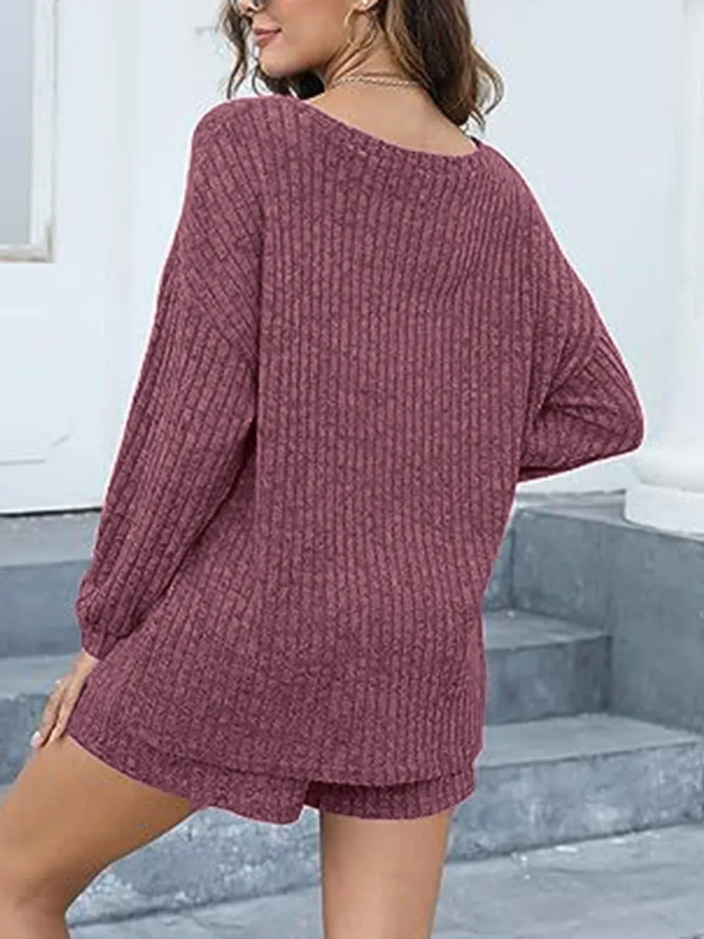 Round Neck Dropped Shoulder Top and Shorts Set - Modanista Fashion