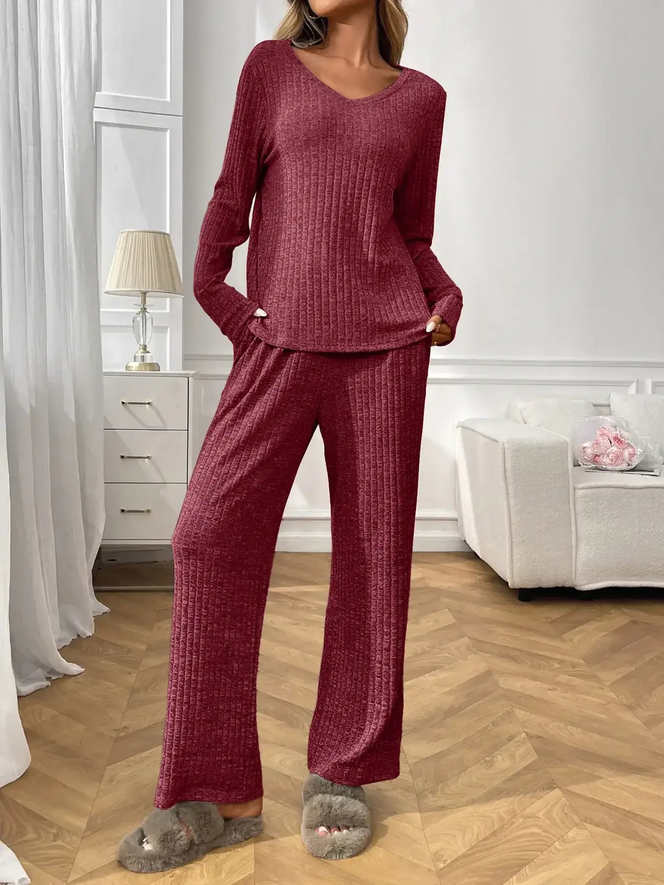 Ribbed Long Sleeve Top and Pants Lounge Set - Modanista Fashion