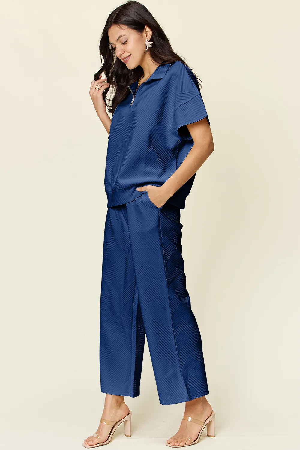 Double Take Full Size Texture Half Zip Short Sleeve Top and Pants Set - Modanista Fashion