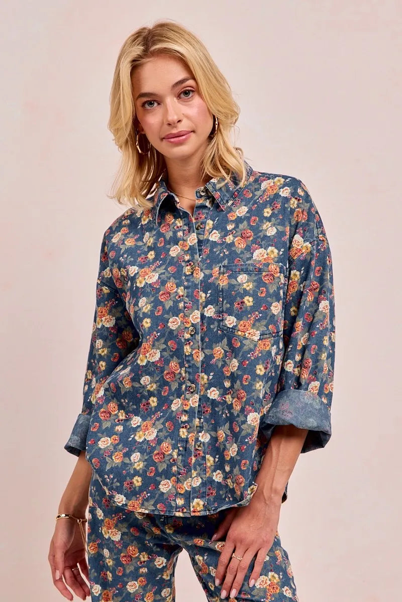 BiBi Washed Floral Print Denim Jacket - Modanista Fashion