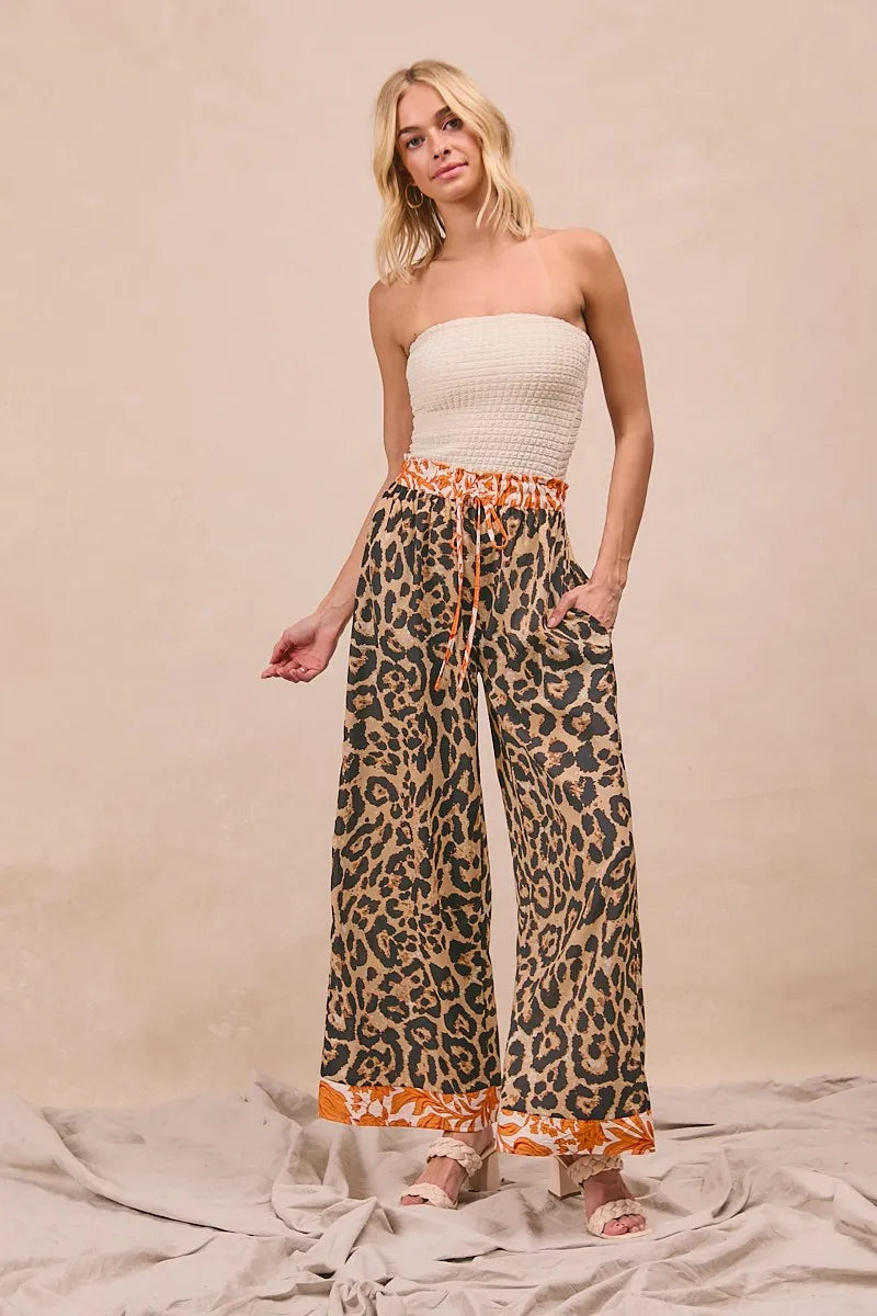 BiBi Leopard Print With Contrast Banded Wide Pants - Modanista Fashion