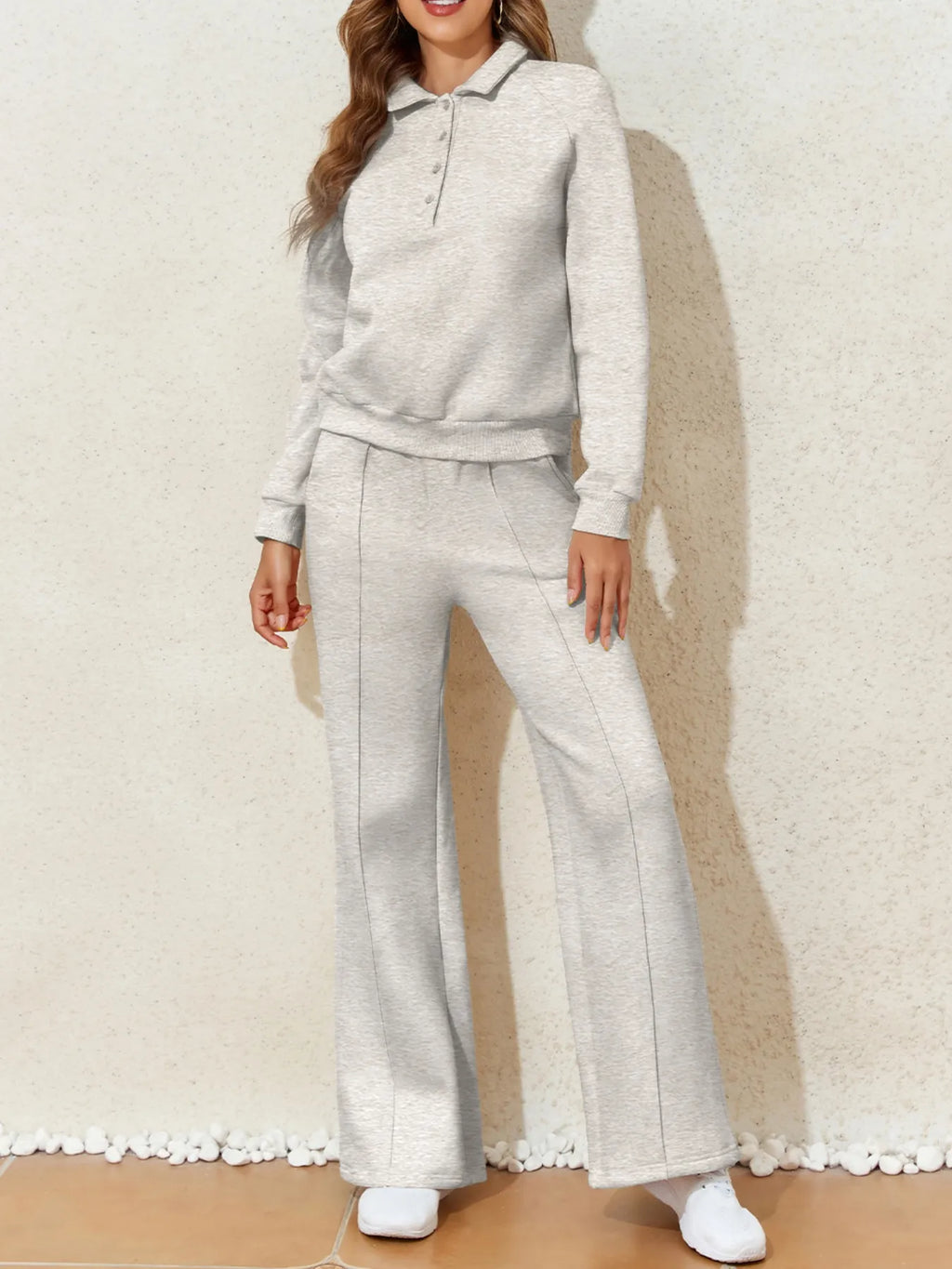 Collared Sweatshirt and High Waist Pants Active Set - Modanista Fashion