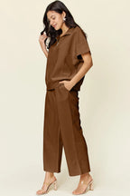 Double Take Full Size Texture Half Zip Short Sleeve Top and Pants Set - Modanista Fashion