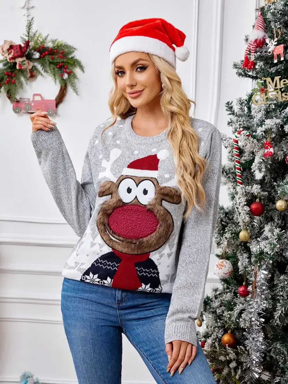 Reindeer Round Neck Long Sleeve Sweater - Modanista Fashion