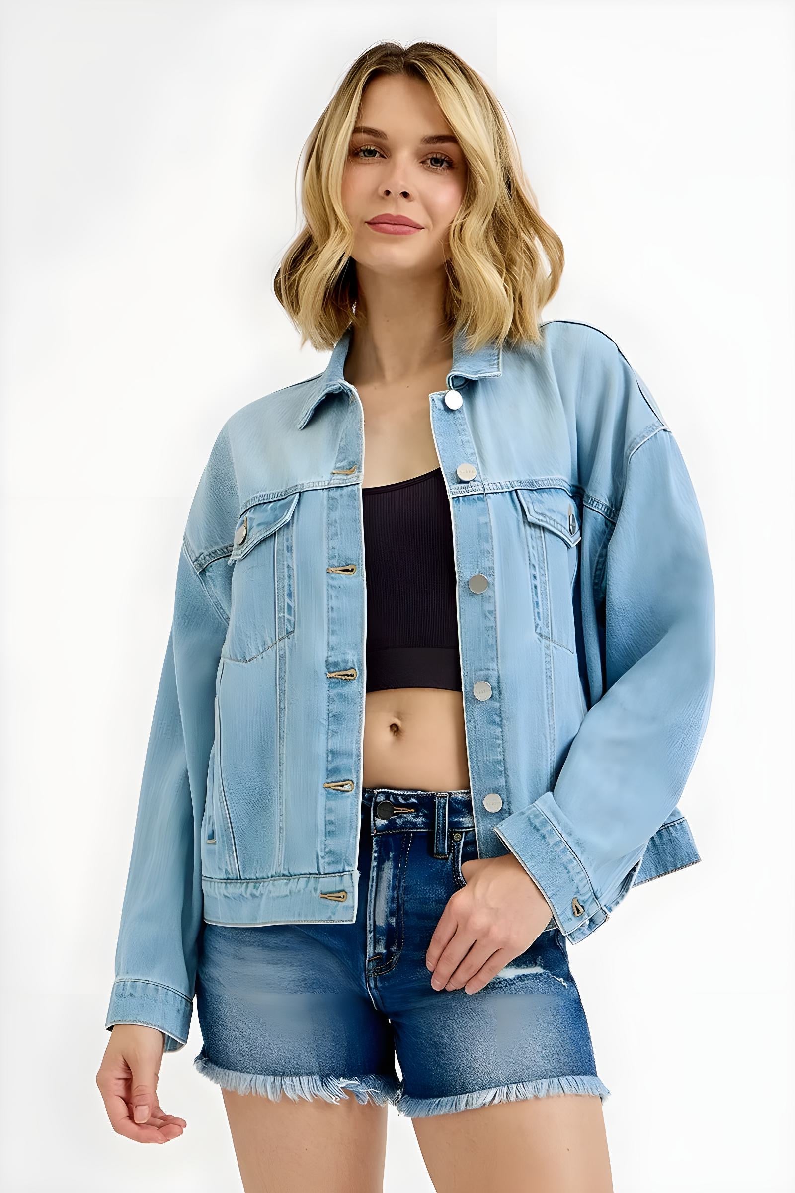 RISEN Washed Dropped Shoulder Denim Jacket for Women